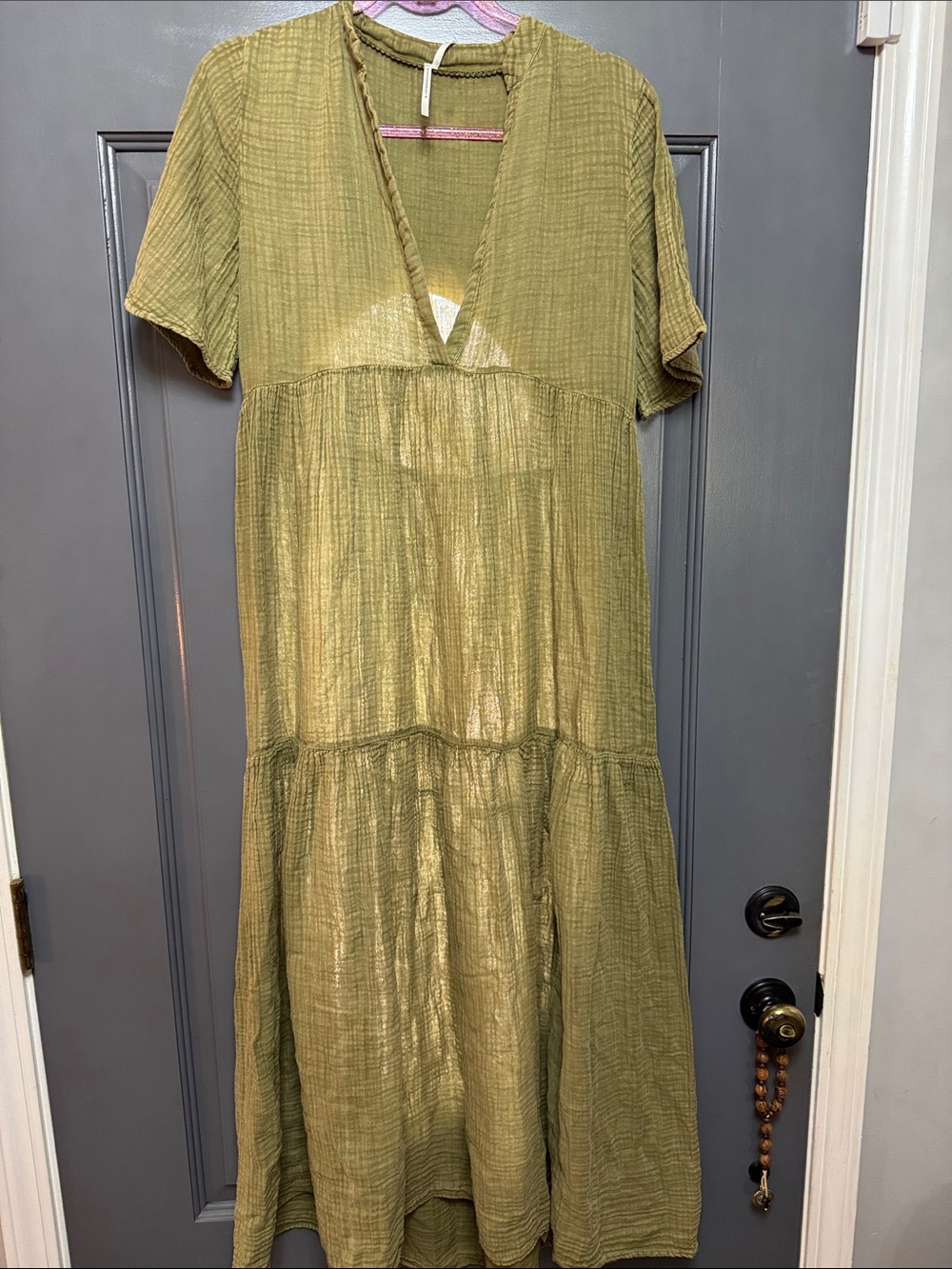 Anthropologie Olive Green Tiered V-Neck Maxi Dress